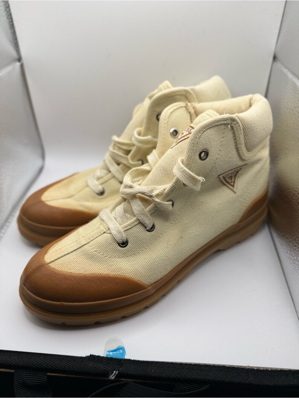 Guess Women's Cream Canvas Combat Boots with Tan Trim